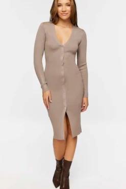 Button-Front Sweater Midi Dress