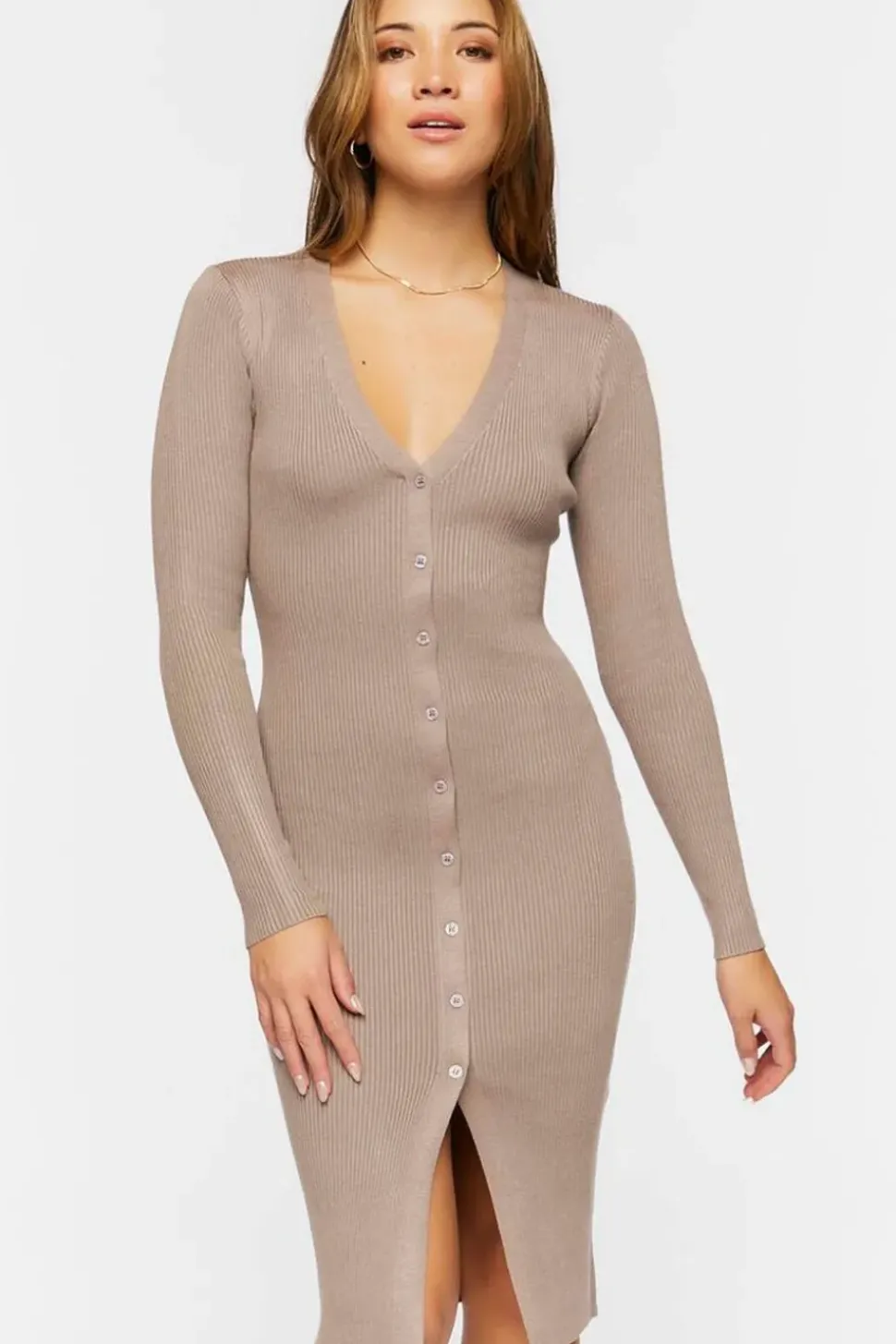 Button-Front Sweater Midi Dress