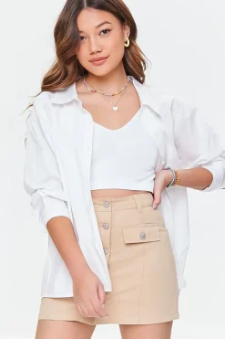 Button-Front Twill Mini Skirt