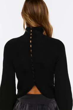 Button-Loop Mock Neck Sweater