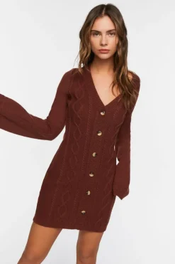 Cable Knit Button-Front Sweater Dress