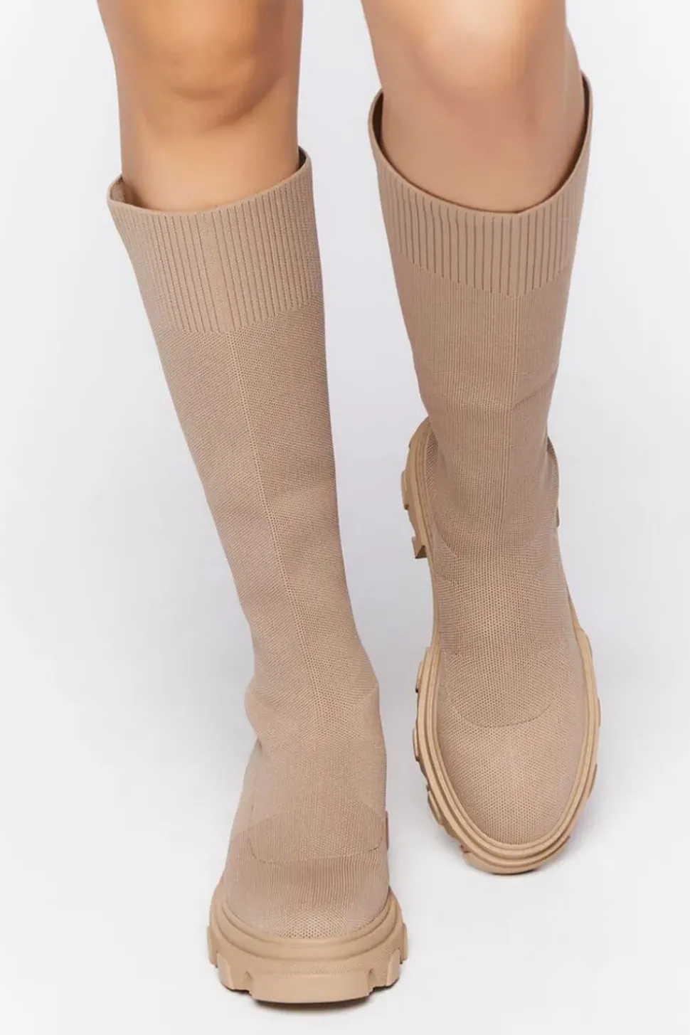 Calf-High Lug-Sole Sock Boots