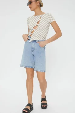 Checkered Cutout Buttoned Top
