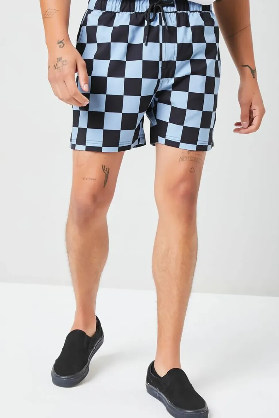 Checkered Drawstring Swim Trunks