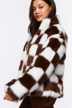 Checkered Faux Fur Coat