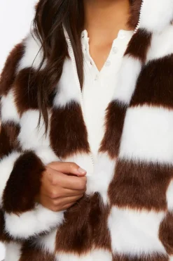 Checkered Faux Fur Coat