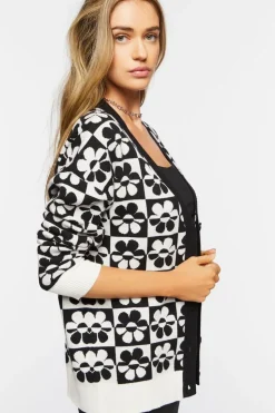 Checkered Floral Cardigan Sweater