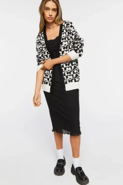 Checkered Floral Cardigan Sweater