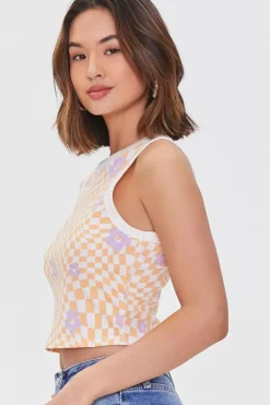 Checkered Print Floral Tank Top