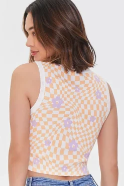 Checkered Print Floral Tank Top