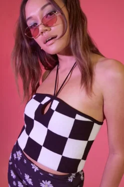 Checkered Sweater-Knit Halter Top