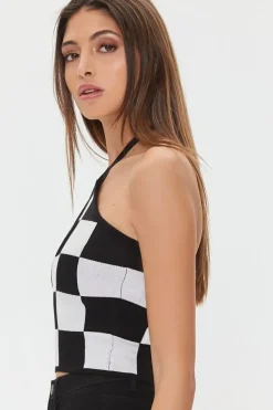 Checkered Sweater-Knit Halter Top