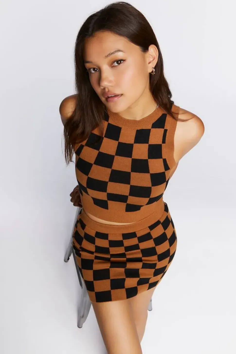 Checkered Sweater-Knit Mini Skirt