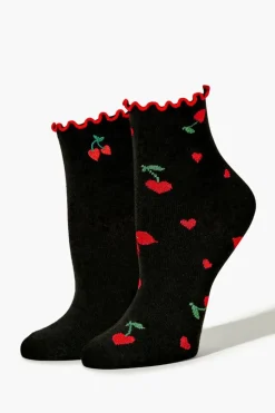 Cherry Heart Print Crew Sock Set - 2 Pack