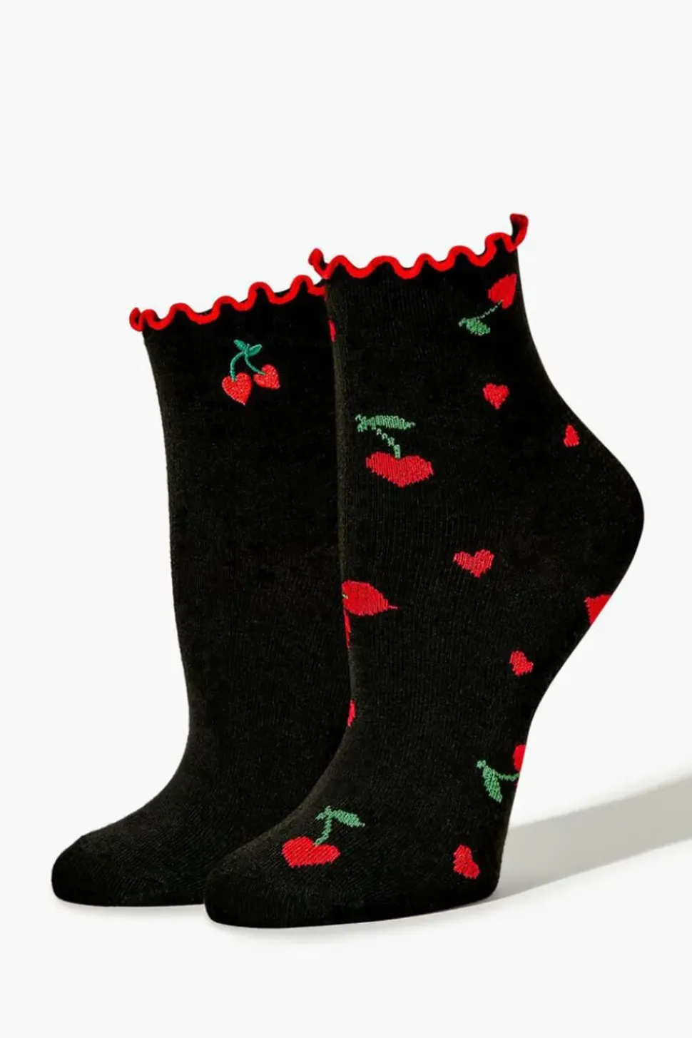 Cherry Heart Print Crew Sock Set - 2 Pack