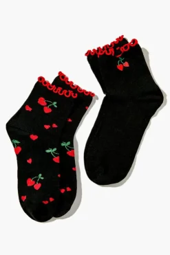 Cherry Heart Print Crew Sock Set - 2 Pack