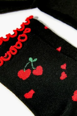 Cherry Heart Print Crew Sock Set - 2 Pack