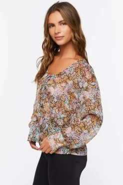 Chiffon Floral Print Lace-Up Top