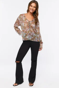 Chiffon Floral Print Lace-Up Top