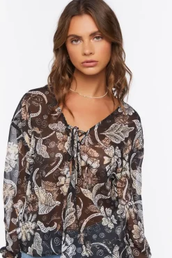 Chiffon Floral Print Lace-Up Top