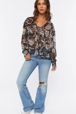 Chiffon Floral Print Lace-Up Top