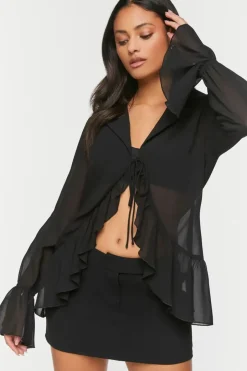 Chiffon Ruffled Tie-Front Top