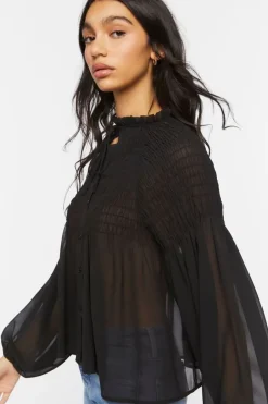 Chiffon Smocked Balloon-Sleeve Shirt
