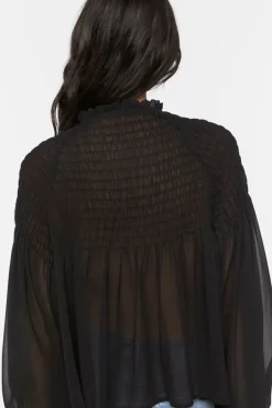 Chiffon Smocked Balloon-Sleeve Shirt