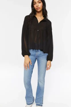 Chiffon Smocked Balloon-Sleeve Shirt