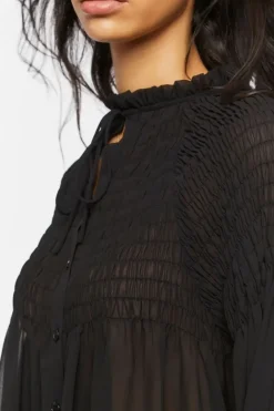 Chiffon Smocked Balloon-Sleeve Shirt