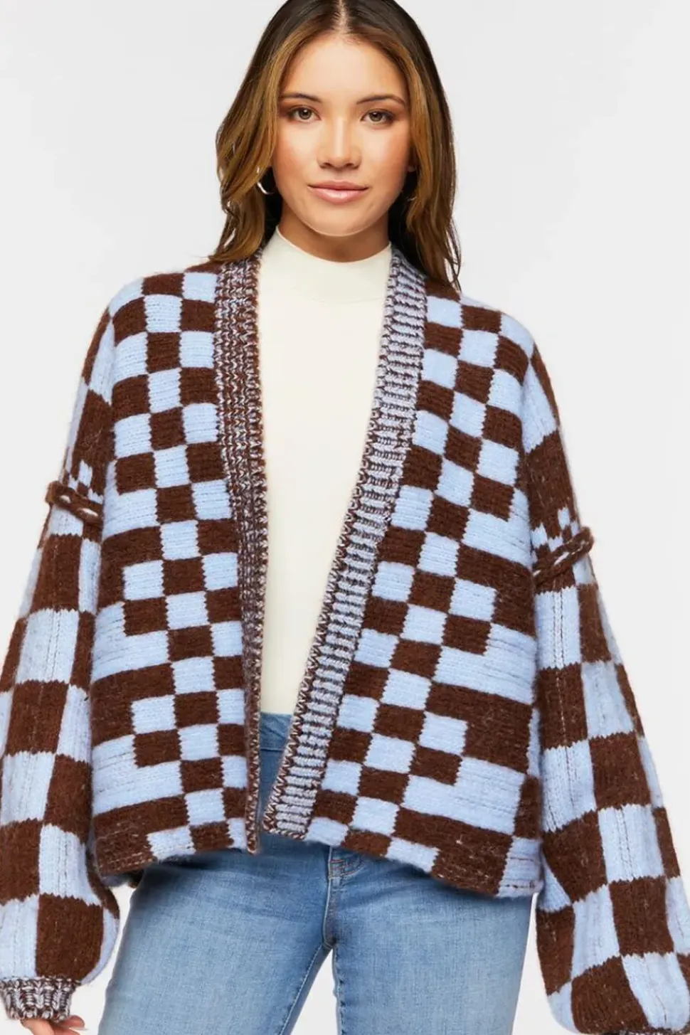Chunky Checkered Cardigan Sweater