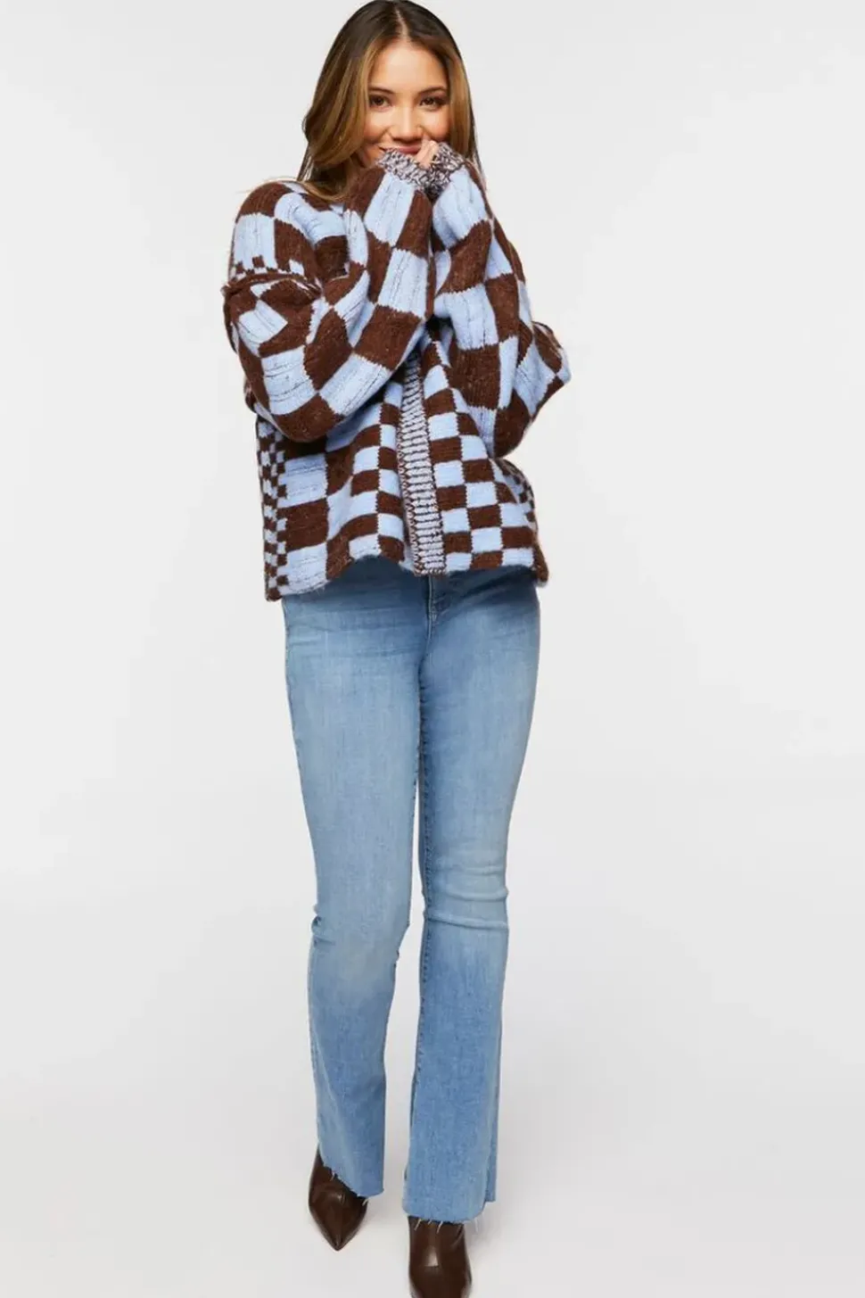 Chunky Checkered Cardigan Sweater