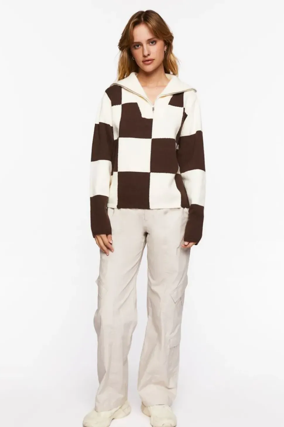 Colorblock Checkered Half-Zip Sweater