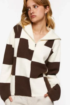 Colorblock Checkered Half-Zip Sweater