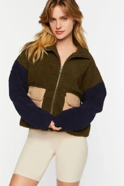 Colorblock Faux Shearling Zip-Up Jacket