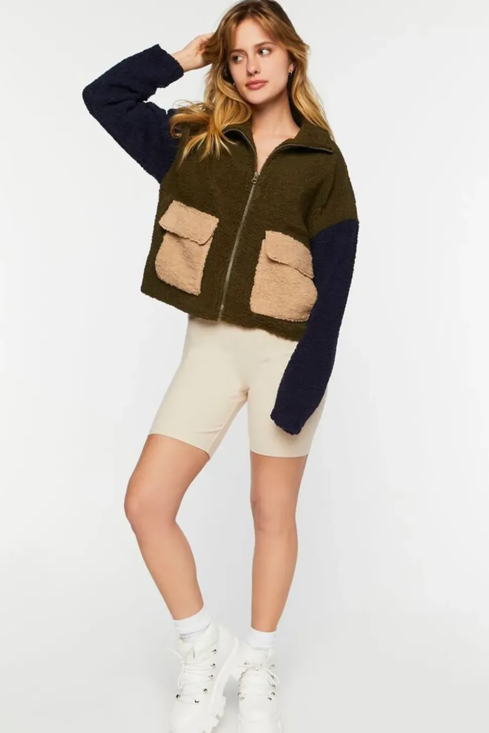 Colorblock Faux Shearling Zip-Up Jacket