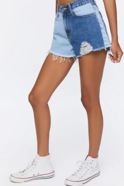 Colorblock Frayed Denim Shorts