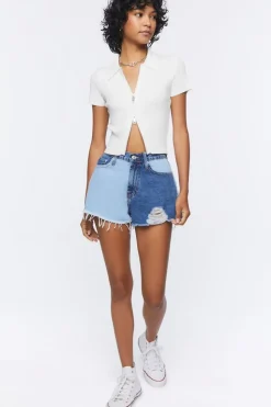 Colorblock Frayed Denim Shorts