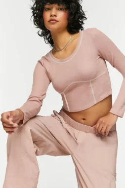Contrast-Seam Long-Sleeve Crop Top