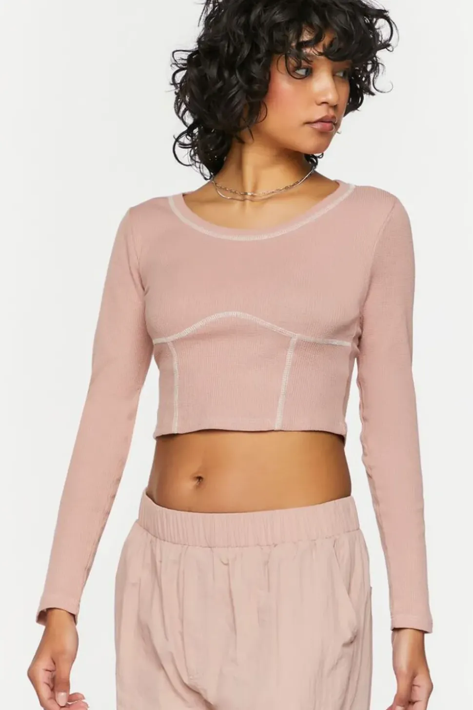 Contrast-Seam Long-Sleeve Crop Top