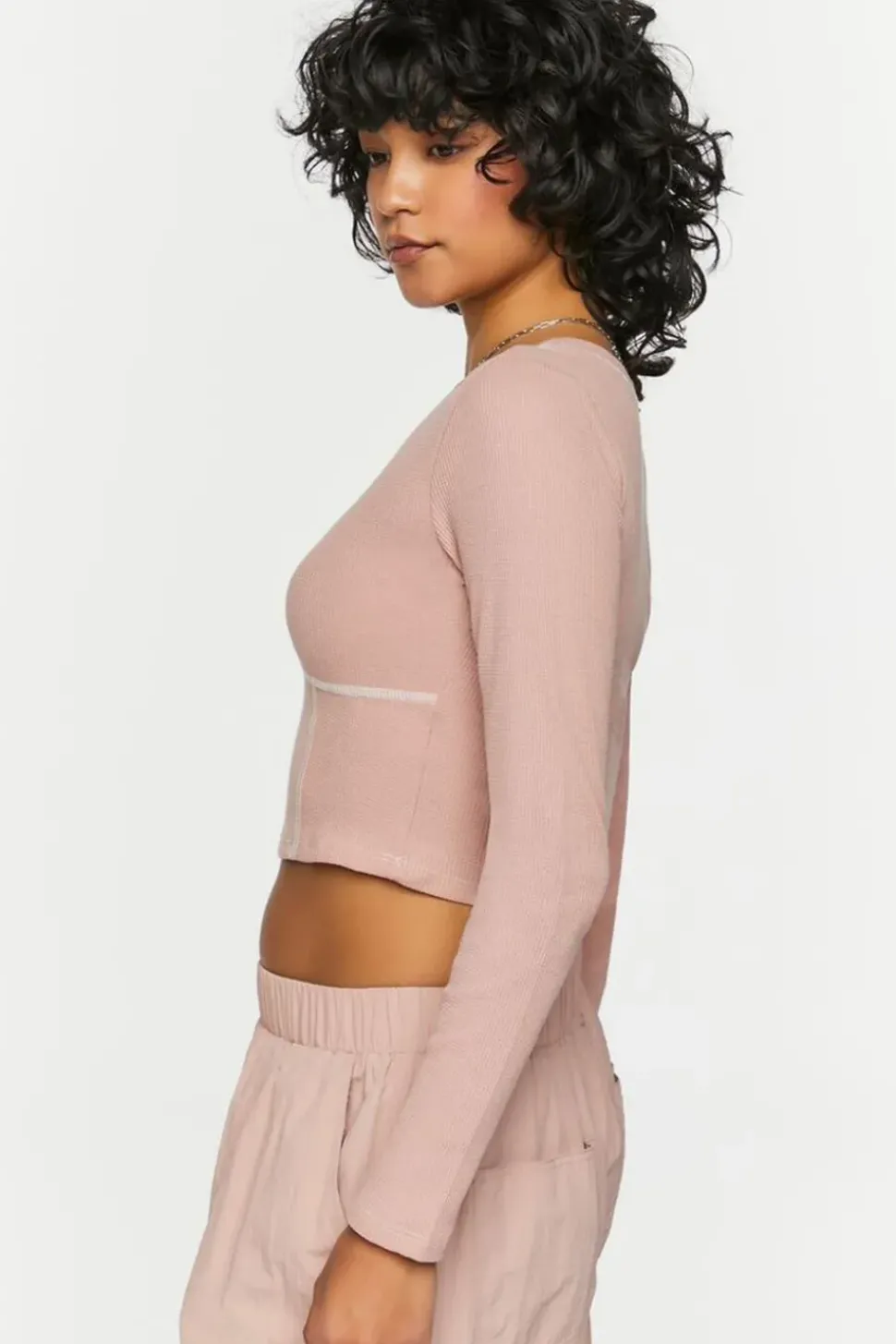 Contrast-Seam Long-Sleeve Crop Top