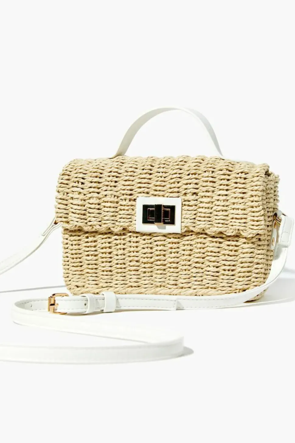 Contrast-Trim Basketwoven Crossbody Bag