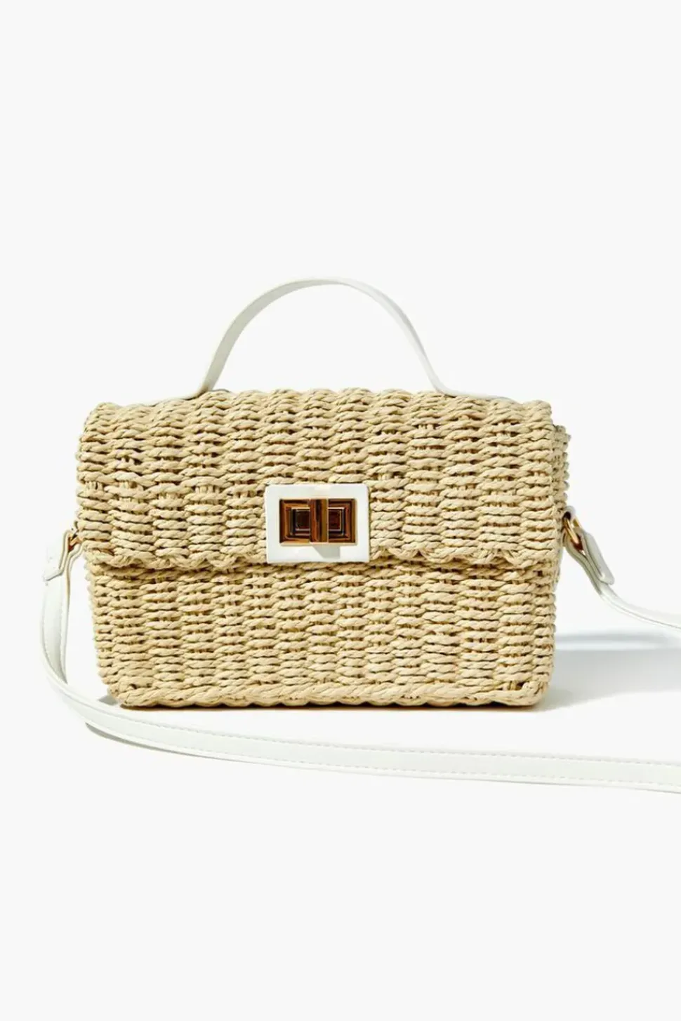 Contrast-Trim Basketwoven Crossbody Bag