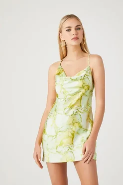 Cowl Neck Marble Print Slip Dress