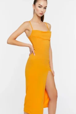 Cowl Neck Slit Midi Dress