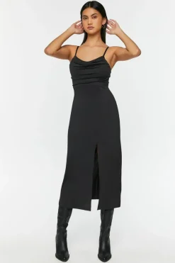 Cowl Neck Slit Midi Dress