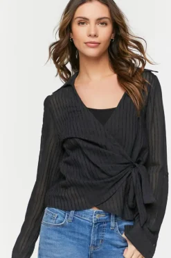 Crepe Shadow-Striped Wrap Top
