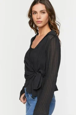 Crepe Shadow-Striped Wrap Top