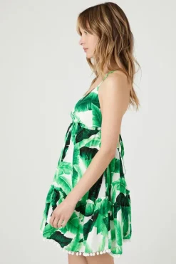 Crepe Tropical Leaf Mini Dress