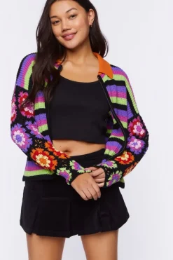 Crochet-Sleeve Striped Zip-Up Sweater
